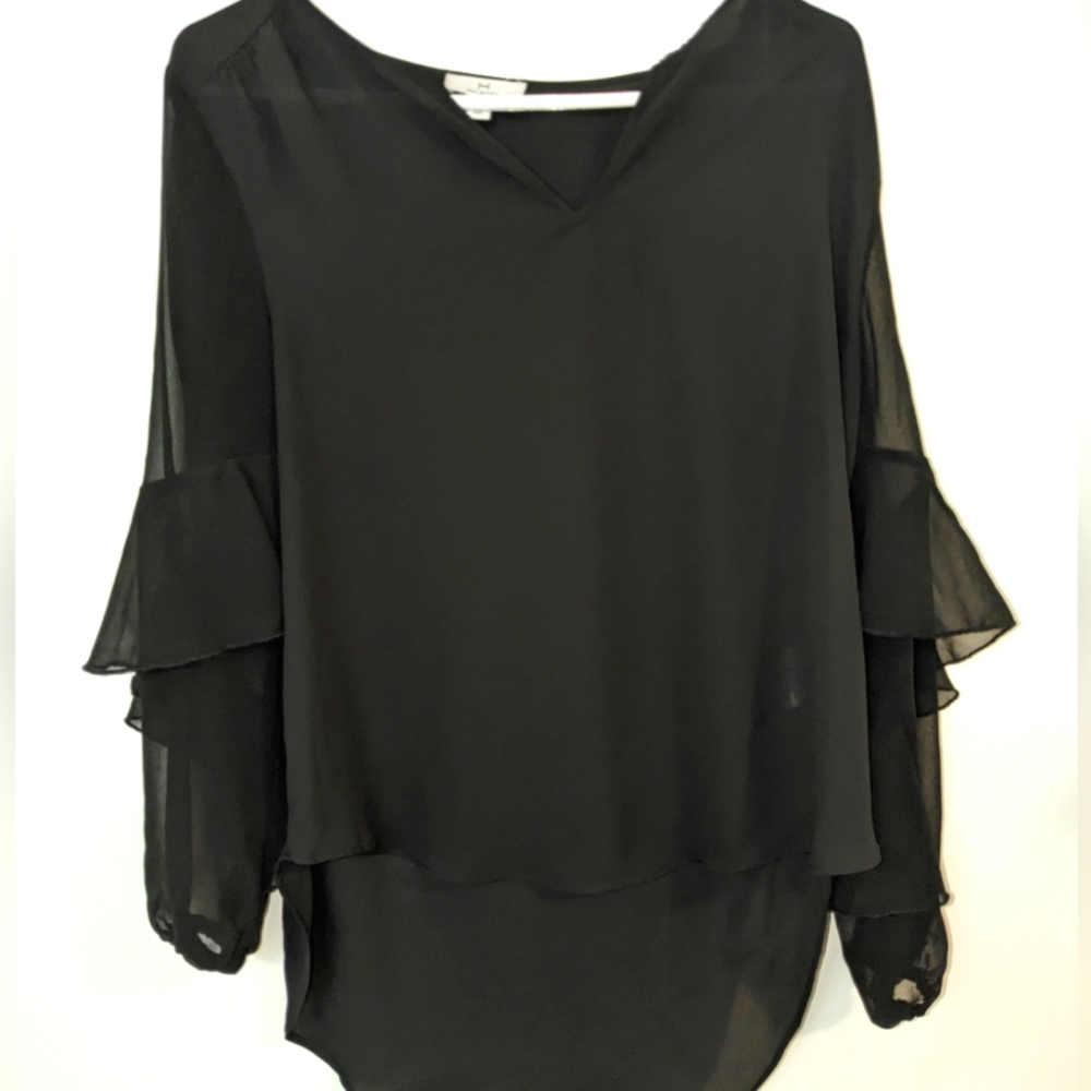 H by Halston Black Ruffled 3/4 Bell Sleeve Blouse